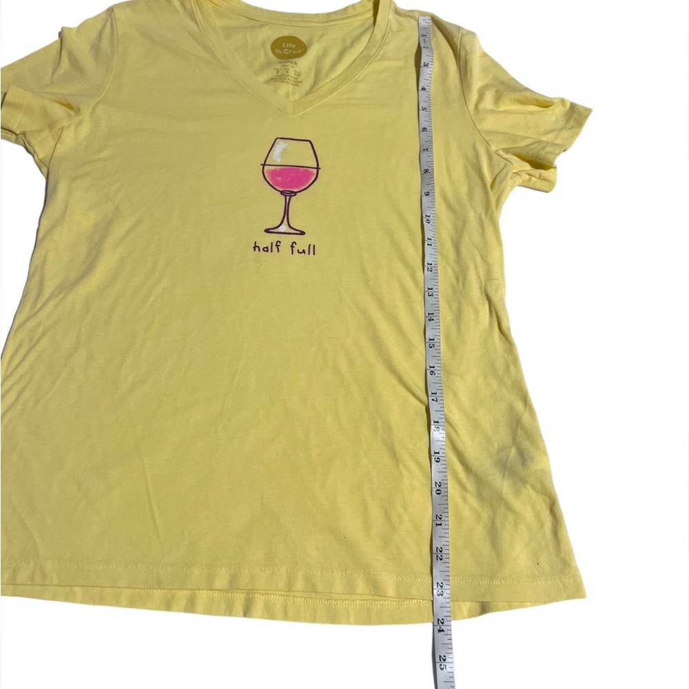 Life Is Good Half Full Wine Glass Women’s Cotton V-Neck T-Shirt Yellow Small - Picture 5 of 12